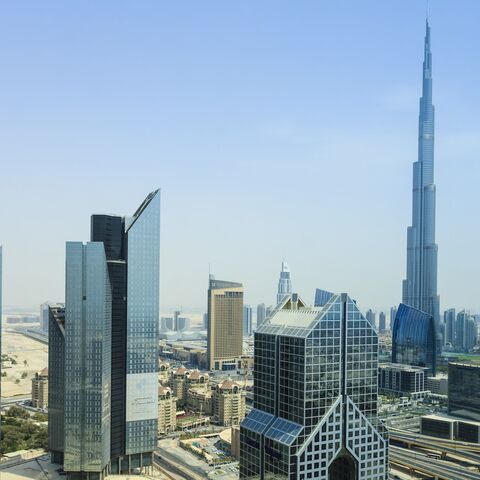 The futuristic cityscape of Dubai with the Burj Khalifa, the world's tallest building.